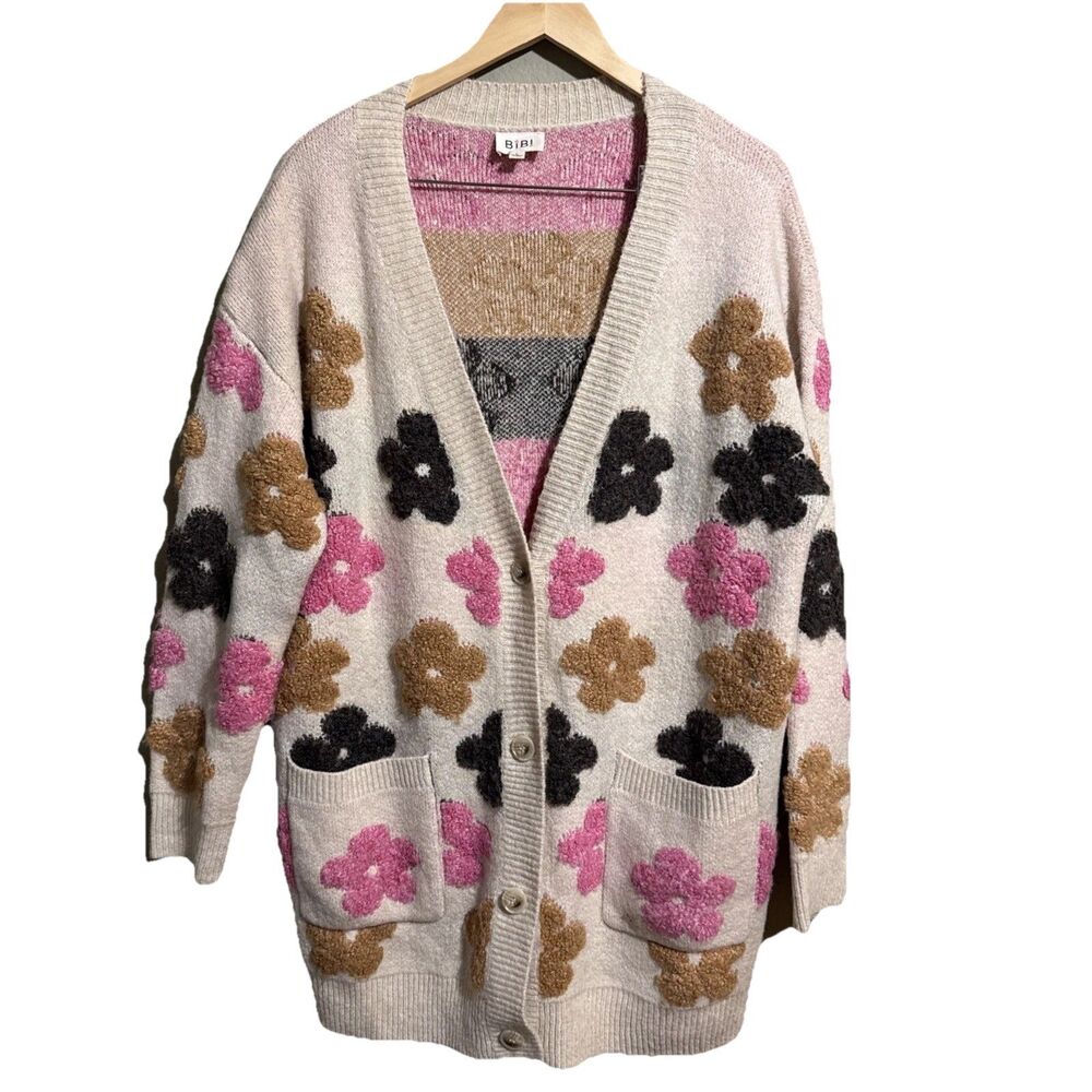 Bibi Fuzzy Textured Floral Relaxed Sweater Cardigan - Boho-Size Large